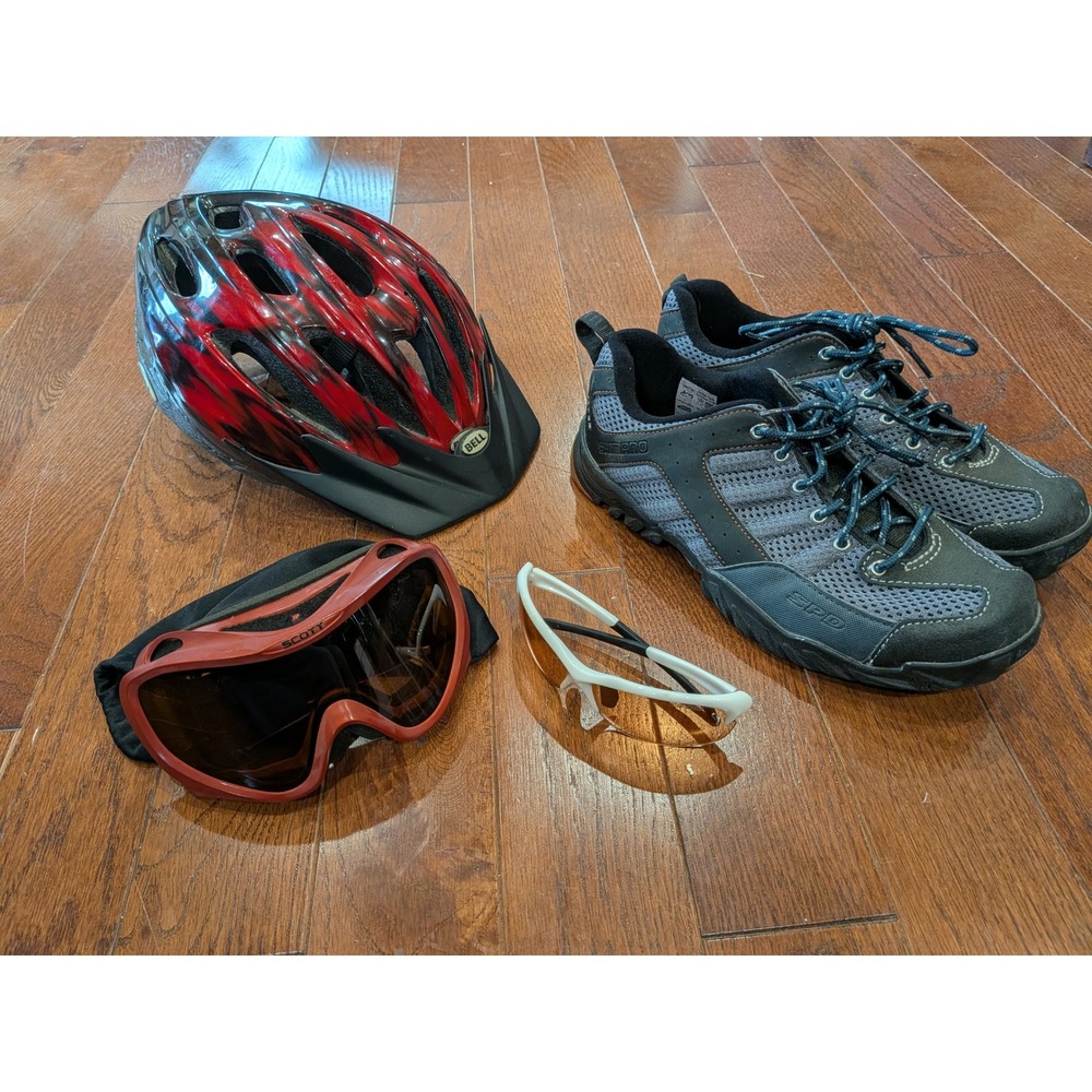 Cycling Gear Bundle Shimano SPD Shoes 43 + Bell Helmet + Scott Goggles + Glasses